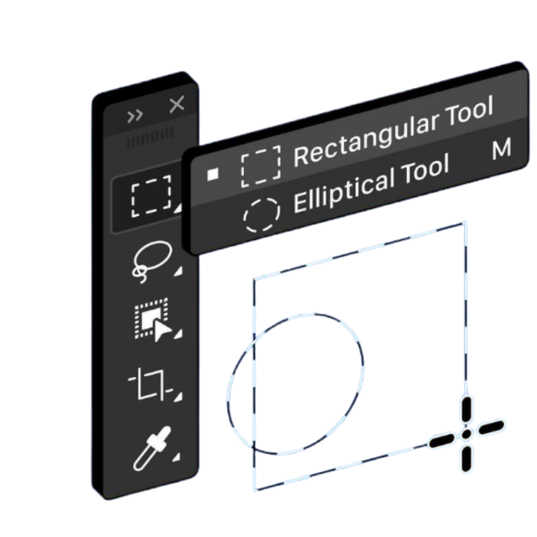 Graphic of images floating on top of a Photoshop Window