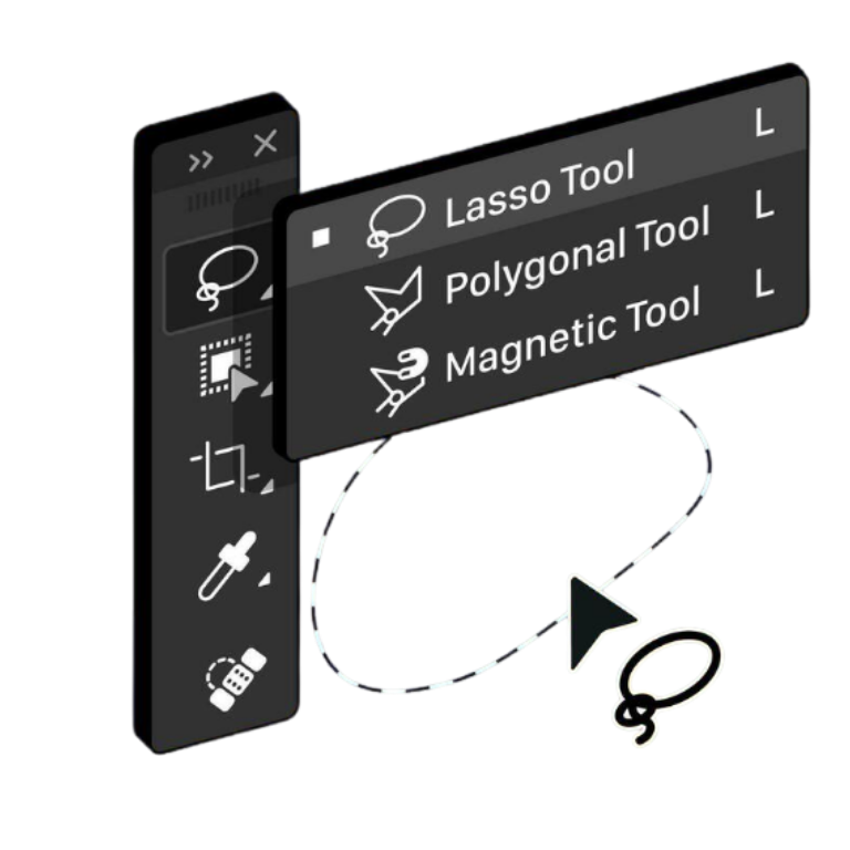Graphic of images floating on top of a Photoshop Window